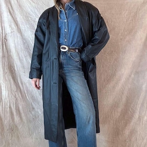 90’s Black Leather Trench Coat by Jacqueline Ferrar, sz M 1990s