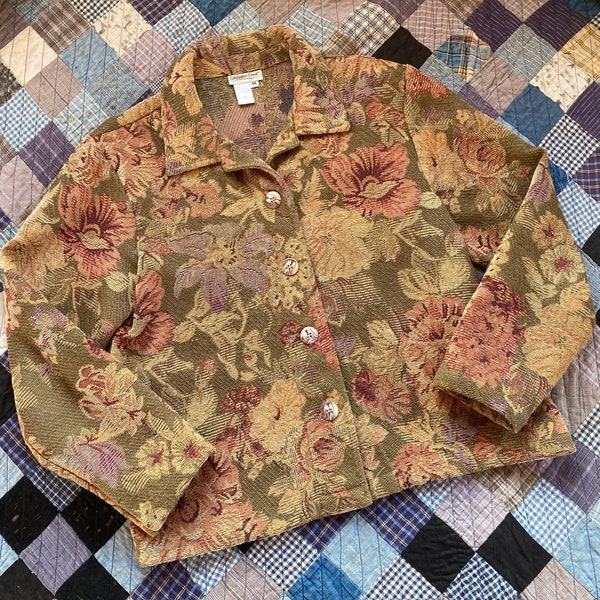 90s Tapestry Jacket Cottagecore Floral Country Sweater sz M