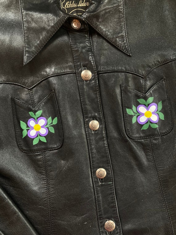 1970s Hand Painted Folk Floral Leather Jacket Con… - image 3