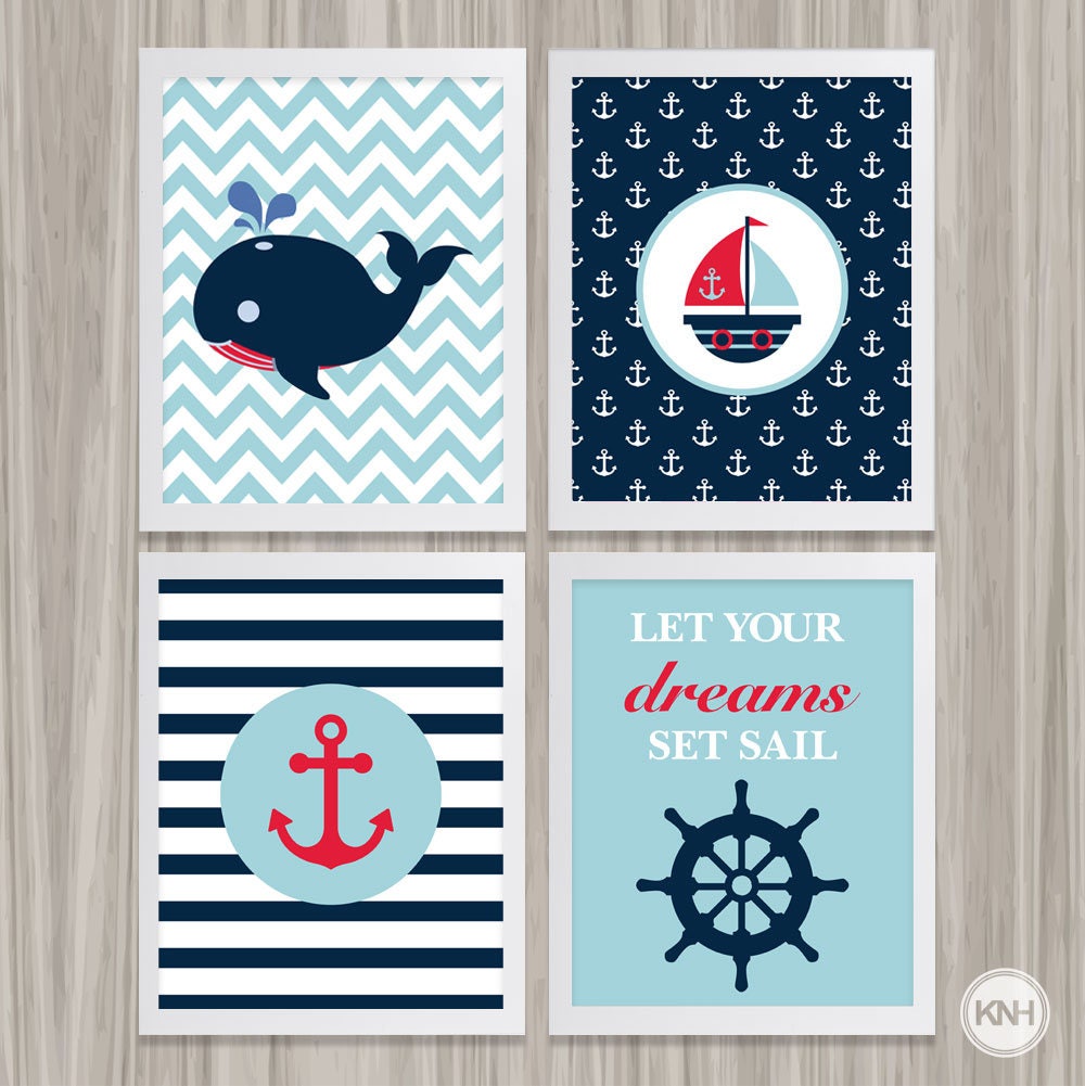 Baby Boy Nautical Wall Art Prints, Whale Sailboat Anchor Decor, Baby Boy Nursery Decor, Dreams