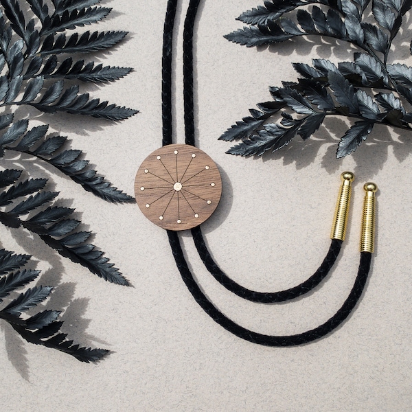 Geometric Wood Bolo Tie with Gold Details