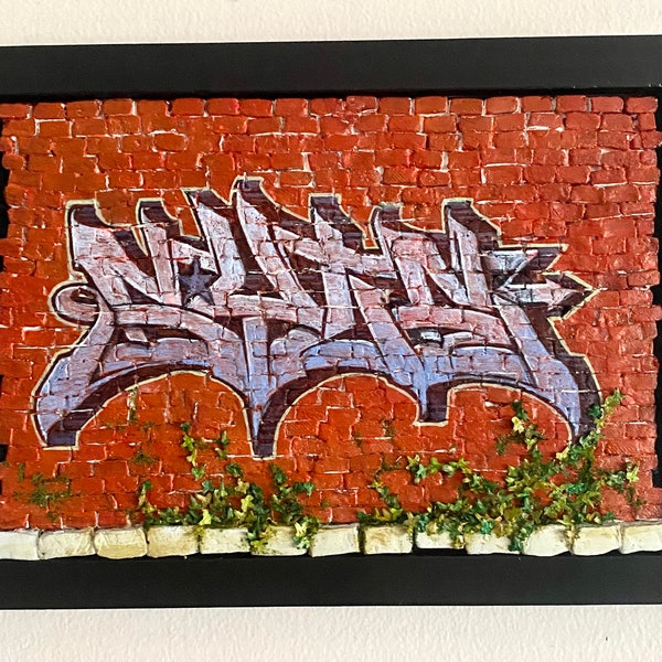 Miniature Graffiti Wall, Ready to hang, Tiny Bricks and Vines