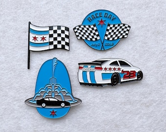 Chicago NASCAR enamel pin – The race is ON! Four slick designs to commemorate a great Chicago street race! Nascar gift. Race fans.