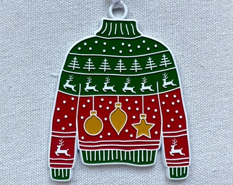 Ugly Sweater ornament – Christmas sweater ornament. Xmas jumper. Red & Green. Reindeer. Great Christmas gift! Fun secret santa.