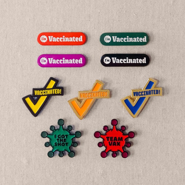 I'm Vaccinated enamel pin – Let the world know you're safe to hug with a cool vaccine pin! Frontline worker gift. Bulk pricing available.