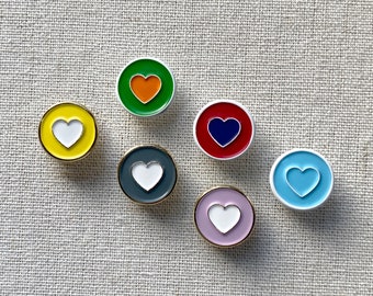 Mini Heart enamel pins – A classic heart is just the thing for your lapel. Lots of colors. Great gift.