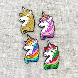 Unicorn Enamel Pin – Rainbows, Pinks + Purples, Greens + Reds + GLITTER - oh my! Magical, fanciful flair for the unicorn-lover! Unicorn gift