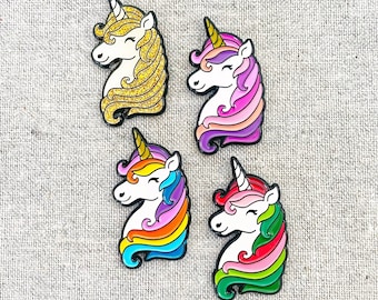 Unicorn Enamel Pin – Rainbows, Pinks + Purples, Greens + Reds + GLITTER - oh my! Magical, fanciful flair for the unicorn-lover! Unicorn gift