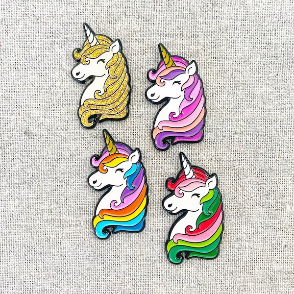 Unicorn Enamel Pin – Rainbows, Pinks + Purples, Greens + Reds + GLITTER - oh my! Magical, fanciful flair for the unicorn-lover! Unicorn gift