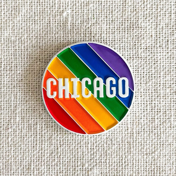 Chicago Pride circle & flag enamel pin – Show off your Chicago pride + gay pride with our fun pin! Perfect Chicago Pride gift. Love wins!