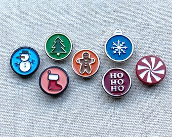 Holiday Mini Pins – Christmas cutie pins: a tree, candy cane, snowman, stocking, gingerbread cookie, and more! Great stocking stuffers.