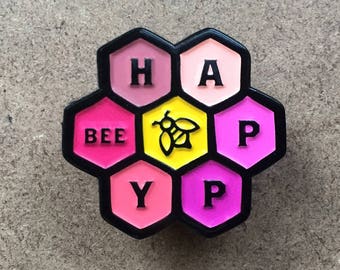 Bee Happy enamel pin – Honey Bee! Spread smiles & joy with this colorful pin. Cute bee gift! Wholesale too. Be happy!