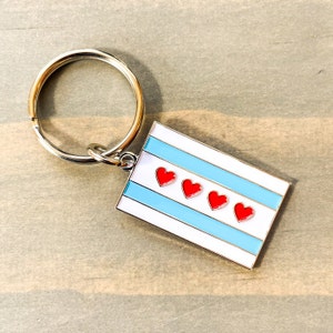 Chicago Flag keychain – The Chicago Flag with hearts says it all - we love Chicago! Perfect Chicago gift!
