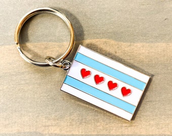 Chicago Flag keychain – The Chicago Flag with hearts says it all - we love Chicago! Perfect Chicago gift!