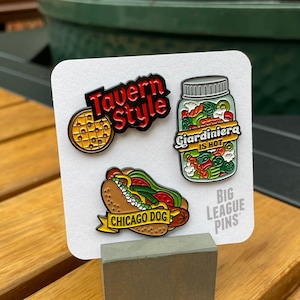 Classic Chicago Food enamel pin – Tavern-style pizza! Chicago Style Hot Dogs! Giardiniera! Chicago Foodie gift, Chicago gift, Hot Dog Gift
