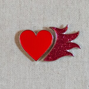 Red Hot Heart Valentine enamel pin — Glittery 2-piece enamel pin set to ignite your heart! Cool Valentine's gift, sure to spark interest!