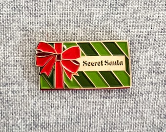 Secret Santa Christmas enamel pin – Ho Ho Ho! A pretty gold gift box, literally, for everyone on your list! Striped pin, Great Santa Gift!