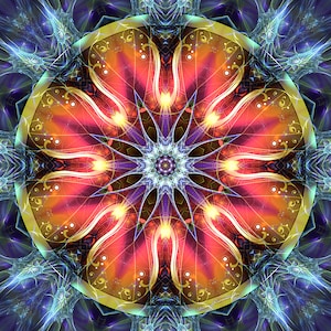 May include: A colorful mandala with a gold frame. The mandala has a red, orange, yellow, blue, and purple color scheme. The center of the mandala is a starburst pattern.