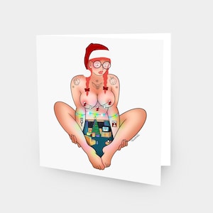 Matin de Noël 6 h - Cartes de Noël - Mature - Noël - Pin up - chatte - seins - seins - art érotique - carte érotique - nu - érotique