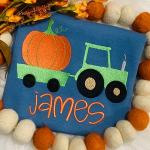 Pumpkin Shirt, Boys Embroidered Tractor, Embroidered Boys Thanksgiving Shirt, Tractor Shirt