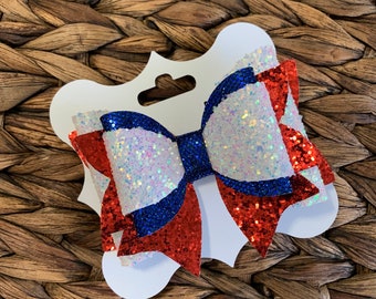 Patriotic hair bow, 4th of July hair bow, Glitter hair bow, girls 4th of July hair bow, Glitter red, white and blue 4 inch bow.