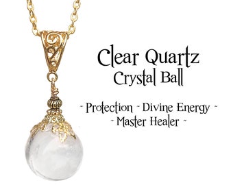 Clear Quartz Pendant, Crystal Ball Meditation Necklace, Healing Orbuculum Protection Necklace, Scrying Sphere Orb