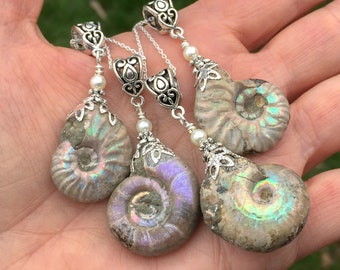 Opalized Ammonite Healing Necklace Spiral Fossil With Iridescent Finish Contact Spirit Guides, Earthy Friendly Natural Healing