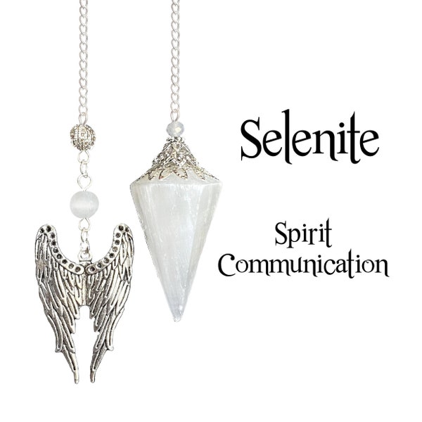 Selenite Pendulum with Angel Wings, Divining Communication with the Higher Self, Beaded Crystal Divination Pendulum