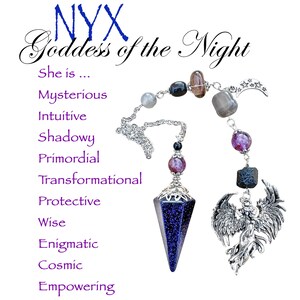 May include: A pendant necklace featuring a blue crystal and a silver phoenix charm. The chain has various beads. The image includes the text "NYX Goddess of the Night" and descriptive words such as "Mysterious" and "Intuitive".