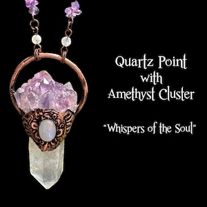 Handmade Crystal Necklace, Whispers Of The Soul Intuition Amulet, Copper Electroformed Necklace, Clear Quartz, Amethyst, Rainbow Moonstone