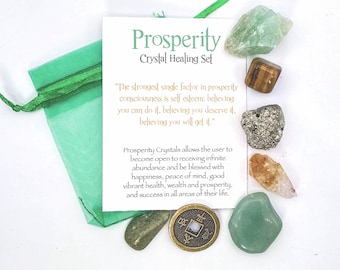 May include: A green drawstring bag and various crystals, including a green fluorite, tiger's eye, pyrite, and citrine, are arranged around a card that reads "Prosperity Crystal Healing Set."