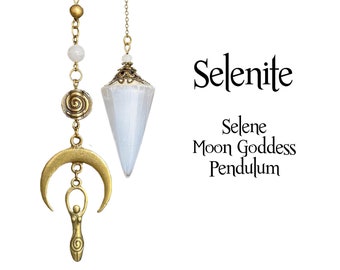 Selenite Pendulum, Divining Selene Moon Goddess, Beaded Crystal Altar Pendulum