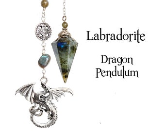 Labradorite Pendulum with Dragon, Divining Pendulum, Magic, Intuition, Transformation