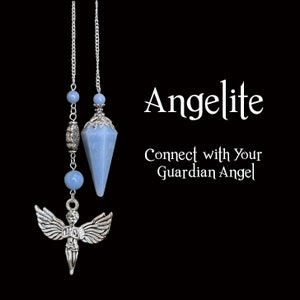May include: A silver pendulum with a blue crystal point and angel charm. The pendulum hangs from a chain with blue beads and decorative metal accents. The text "Angelite" and "Connect with Your Guardian Angel" are displayed.
