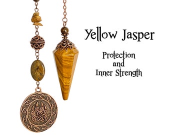 Yellow Jasper Pendulum, Divining Pendulum with Bronzite Beads, Copper Bear Paw Charm, Protection,, Inner-Strength, Action