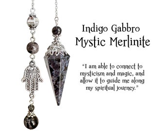 Mystic Merlinite Pendulum, Indigo Gabbro Divining Pendulum, Magic, Hamsa Hand, Akashic Records