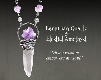 Lemurian Quartz and Elestial Amethyst Pendant, Textured Soldered Necklace, Divine Wisdom, OOAK