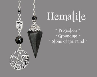 Hematite Pendulum, Divining Protection Grounding Pendulum, Celtic Pentacle Beaded Pendulum