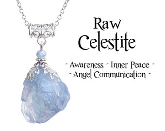 Raw Celestite Pendant Necklace, Angelic Communication Healing Necklace, Inner Peace Zen Necklace, Throat Chakra
