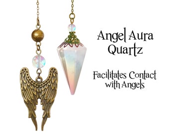 Angel Aura Quartz Pendulum with Angel Wings,  Aids Insight And Connection With The Divine Realms, Beaded Crystal Pendulum