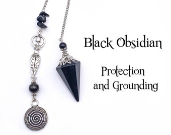 Black Obsidian Goddess Pendulum, Beaded Crystal Divining Pendulum, Protection, Grounding, Self Control
