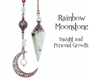 Rainbow Moonstone Pendulum, Divining Crescent Moon Pendulum, Insight and Personal Growth