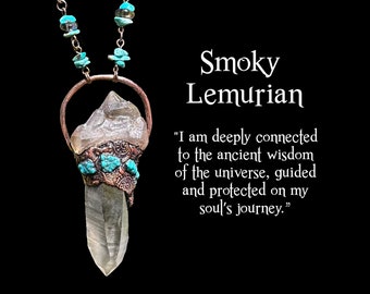 Smoky Lemurian Pendant,  Elestial  and Turquoise Copper Electroformed Necklace, with Matching Earrings, Wearable Art Jewelry, OOAK