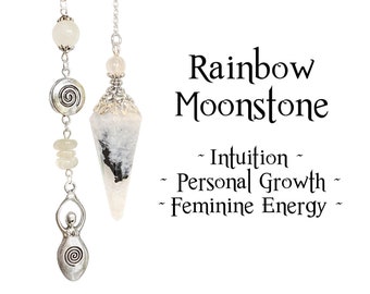 Rainbow Moonstone Goddess Pendulum, Crystal Divining Tool