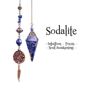 May include: Two sodalite pendulums with copper-colored chains and accents hang against a white background. One pendulum is a faceted blue stone, and the other features a feather charm. The word "Sodalite" is displayed.