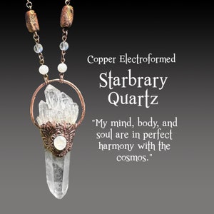 Starbrary Quartz Copper Electroformed Necklace, with Quartz Cluster & Rainbow Moonstone, Wearable Art Jewelry, OOAK