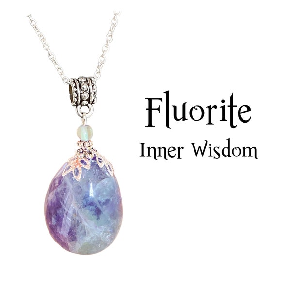 Pendentif en fluorite arc-en-ciel, collier sagesse intérieure fait main, bijoux de méditation avec protection contre les CEM, pierres précieuses d'intuition