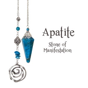 May include: Apatite pendulum with a faceted blue stone and silver chain. The pendulum has decorative beads and a spiral charm. Text reads "Apatite Stone of Manifestation."