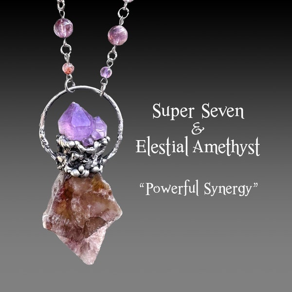 Super 7 and Elestial Amethyst Pendant, Textured Soldered Necklace, OOAK Wearable Art Jewelry