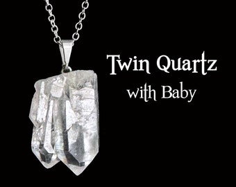 Mini Twin Quartz with Baby Crystal Pendant, Family Crystal Necklace  Clear Quartz Jewelry, Teacher Crystal Gift